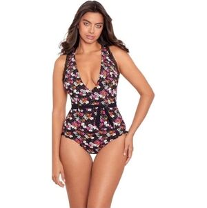 Skinnydippers One Piece Swimsuit Dora Cinchette Plunge Black Floral XL